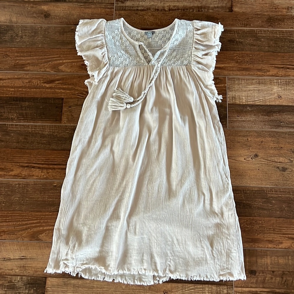 aerie Cream Crochet Yoke Mini Dress with Tassel Tie